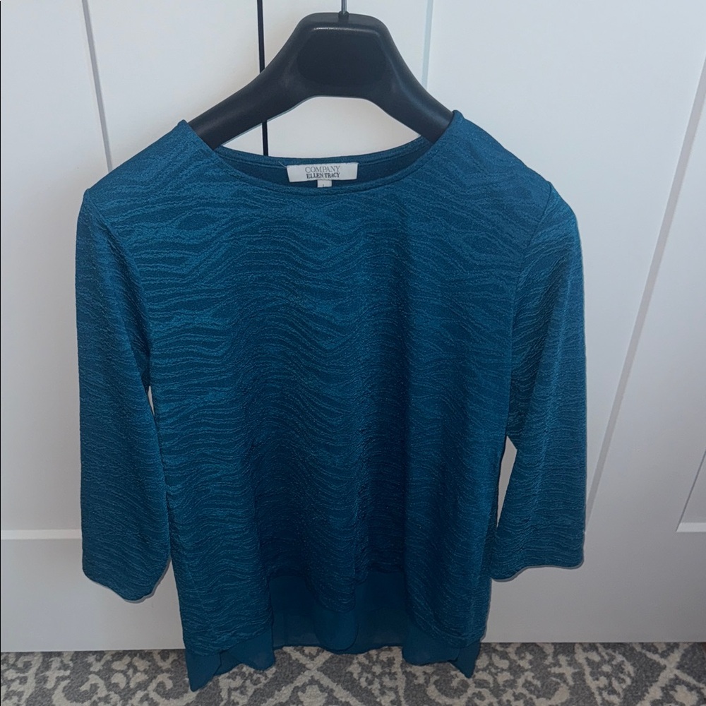 Ellen Tracy Teal Textured Boatneck Long Sleeve Top